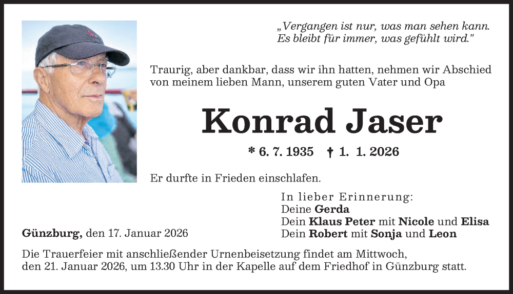  Traueranzeige für Konrad Jaser vom 17.01.2026 aus Günzburger Zeitung