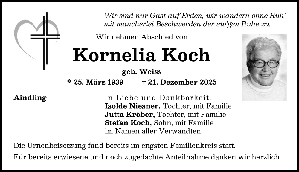  Traueranzeige für Kornelia Koch vom 17.01.2026 aus Aichacher Nachrichten
