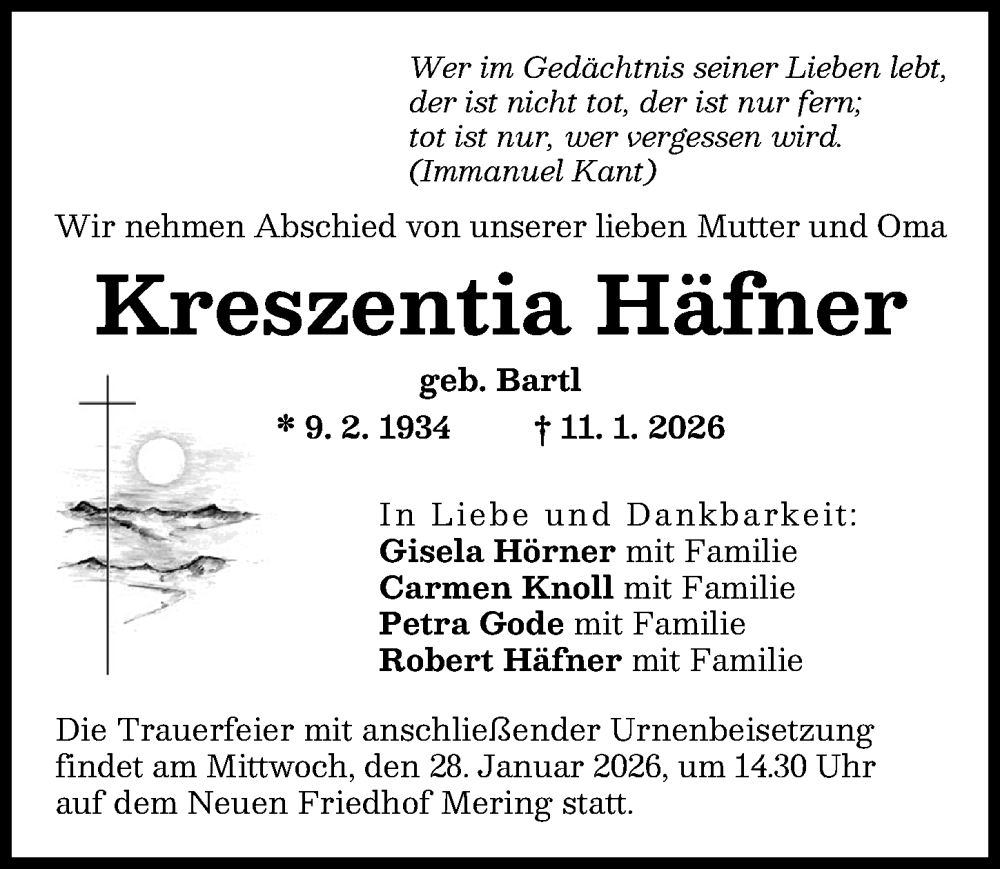  Traueranzeige für Kreszentia Häfner vom 24.01.2026 aus Friedberger Allgemeine