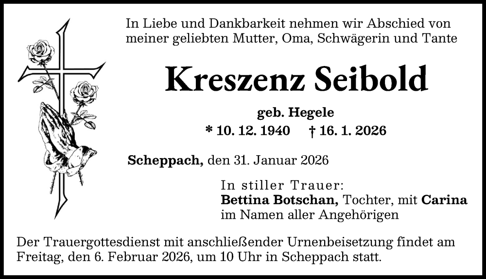  Traueranzeige für Kreszenz Seibold vom 31.01.2026 aus Günzburger Zeitung