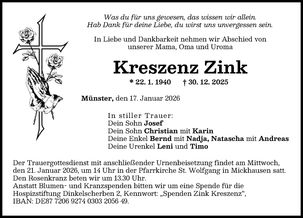  Traueranzeige für Kreszenz Zink vom 17.01.2026 aus Schwabmünchner Allgemeine