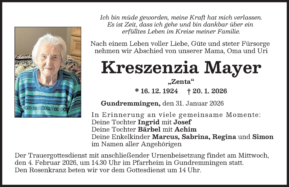  Traueranzeige für Kreszenzia Mayer vom 31.01.2026 aus Günzburger Zeitung