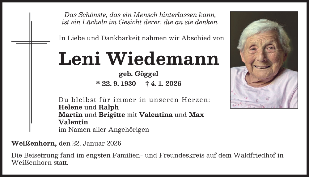  Traueranzeige für Leni Wiedemann vom 22.01.2026 aus Neu-Ulmer Zeitung