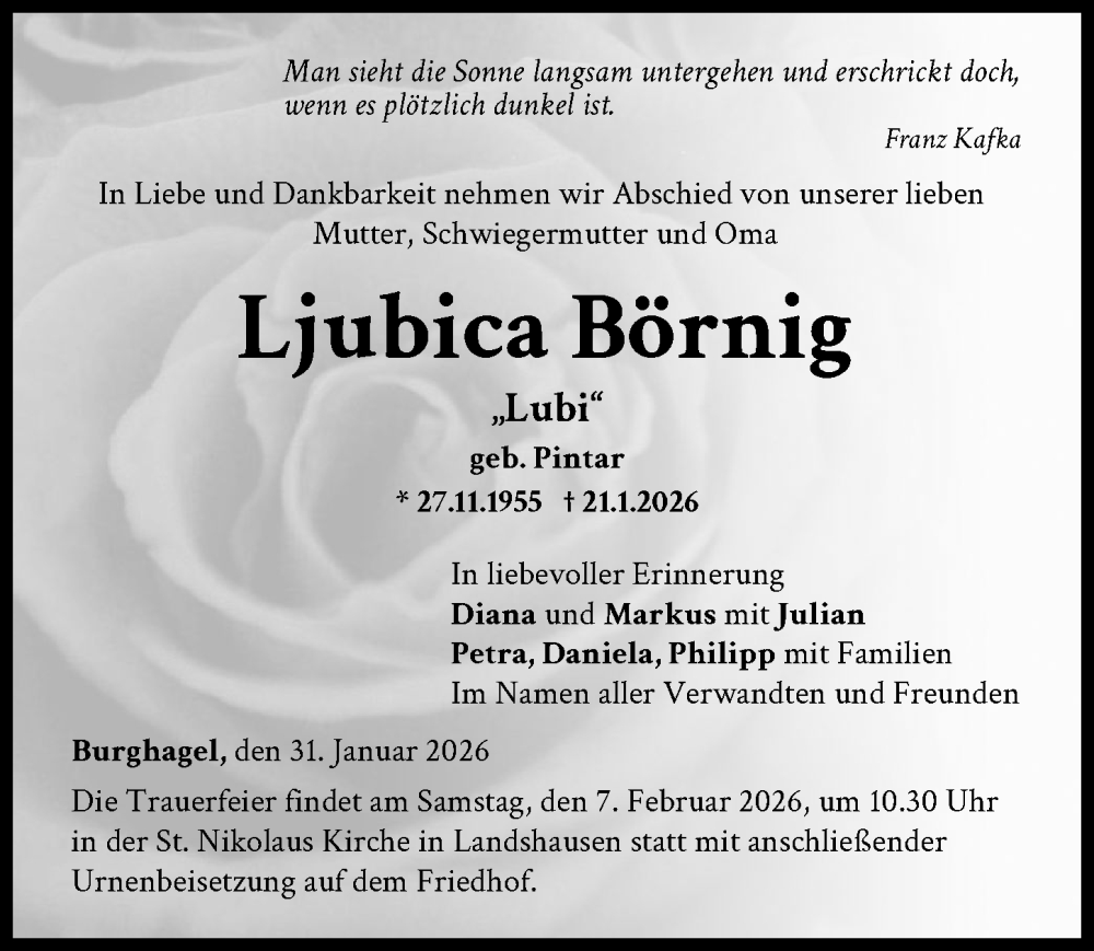  Traueranzeige für Ljubica Börnig vom 31.01.2026 aus Donau Zeitung