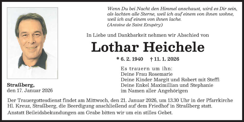  Traueranzeige für Lothar Heichele vom 17.01.2026 aus Augsburger Allgemeine