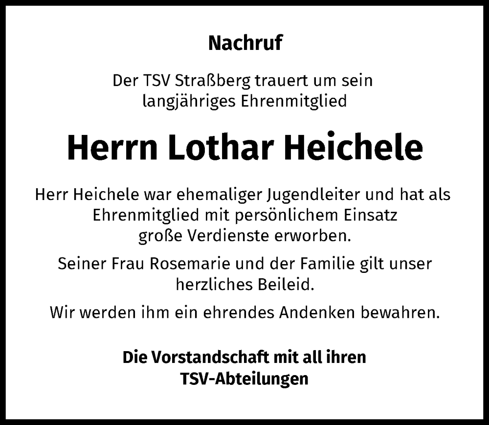  Traueranzeige für Lothar Heichele vom 21.01.2026 aus Schwabmünchner Allgemeine