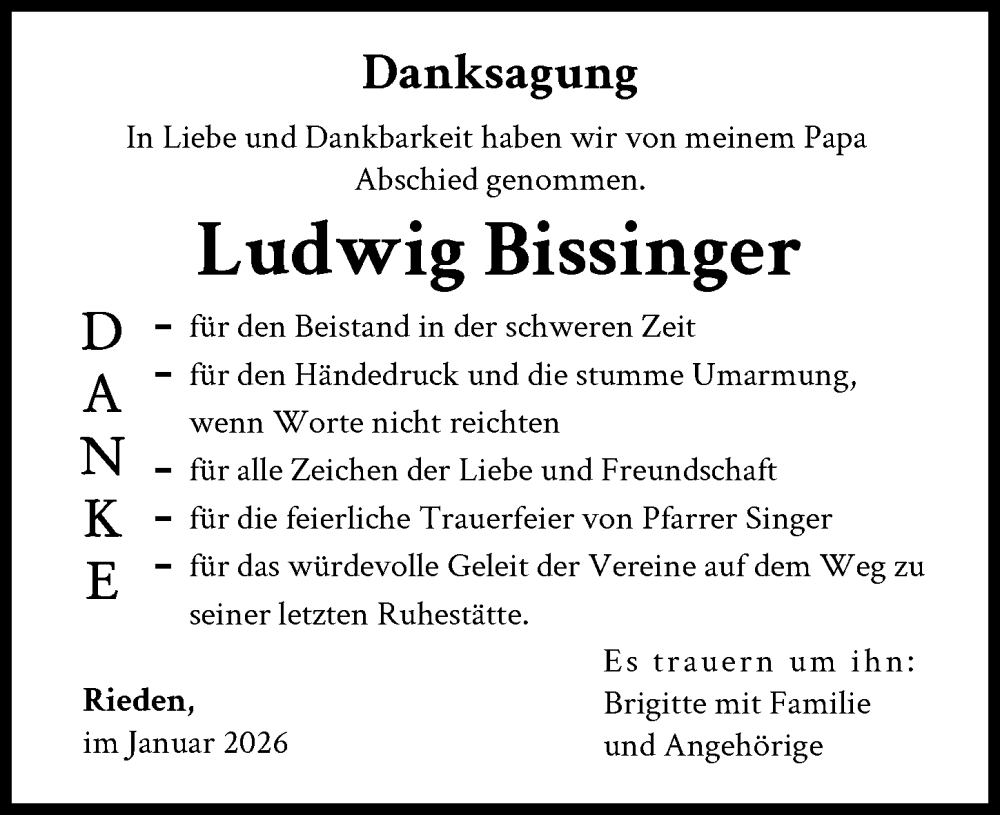 Traueranzeige von Ludwig Bissinger von Günzburger Zeitung