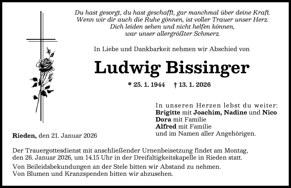  Traueranzeige für Ludwig Bissinger vom 21.01.2026 aus Günzburger Zeitung