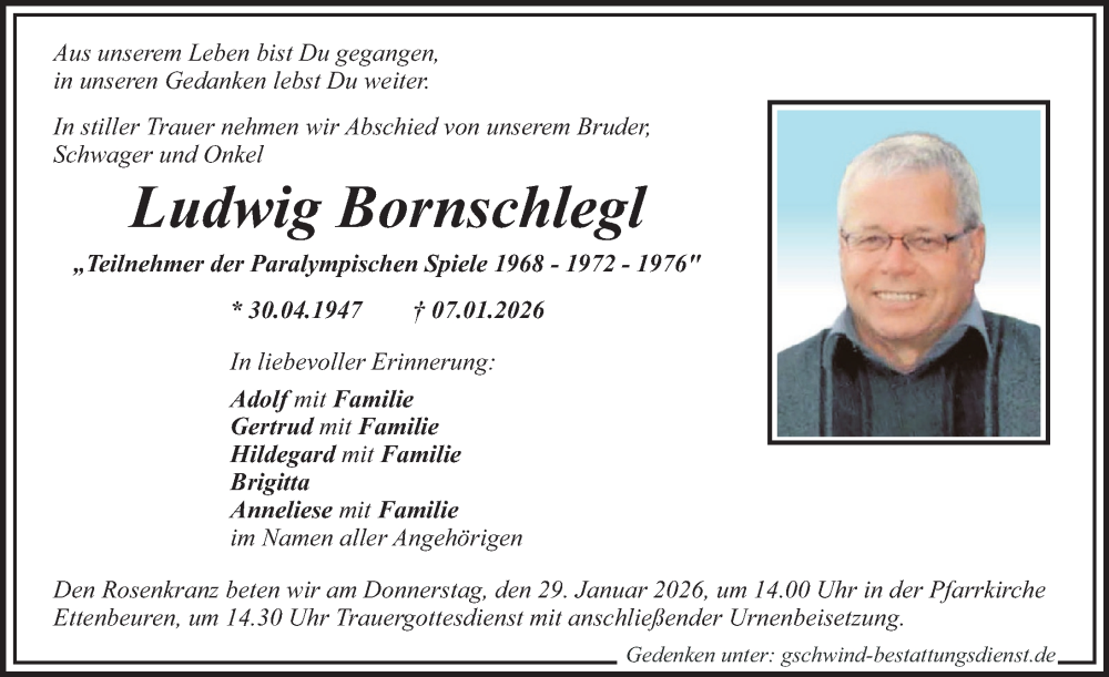  Traueranzeige für Ludwig Bornschlegl vom 23.01.2026 aus Günzburger Zeitung