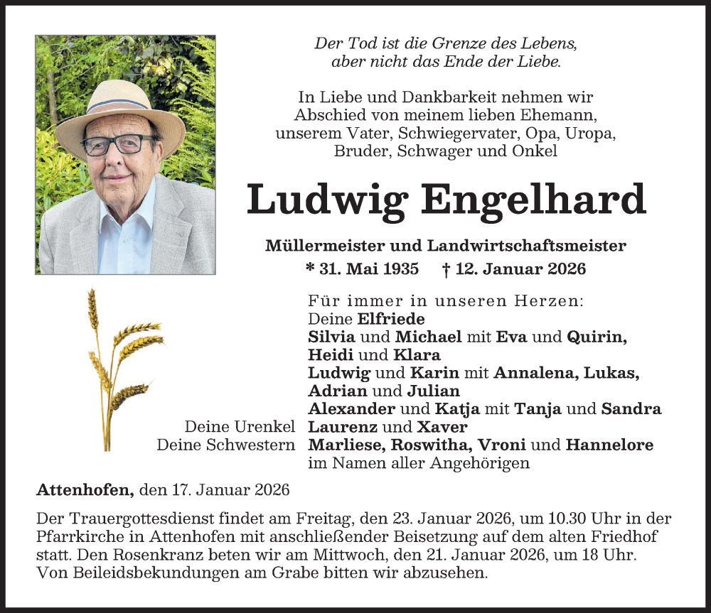  Traueranzeige für Ludwig Engelhard vom 17.01.2026 aus Neu-Ulmer Zeitung, Illertisser Zeitung