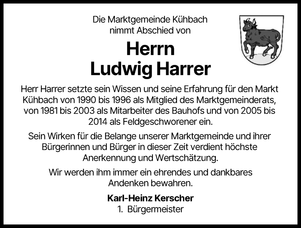  Traueranzeige für Ludwig Harrer vom 29.01.2026 aus Aichacher Nachrichten