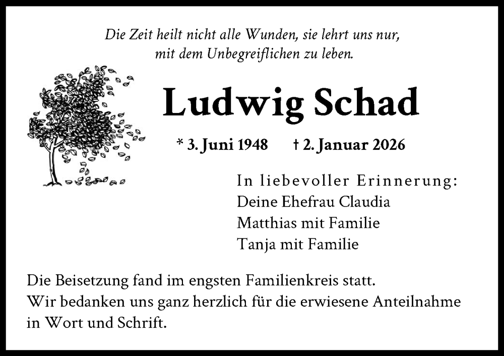  Traueranzeige für Ludwig Schad vom 31.01.2026 aus Schwabmünchner Allgemeine