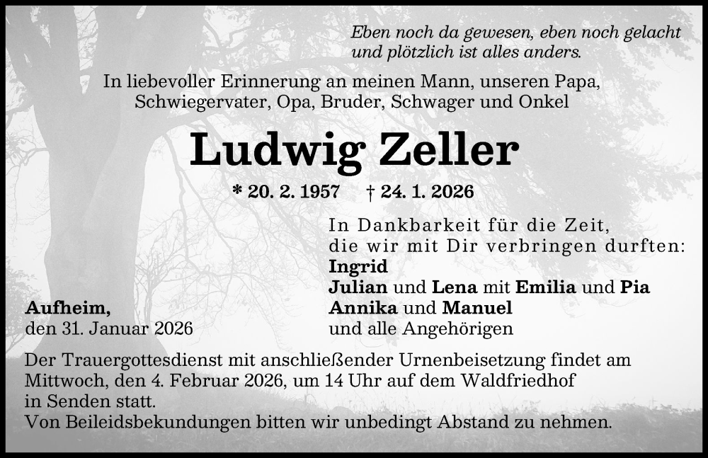  Traueranzeige für Ludwig Zeller vom 31.01.2026 aus Neu-Ulmer Zeitung