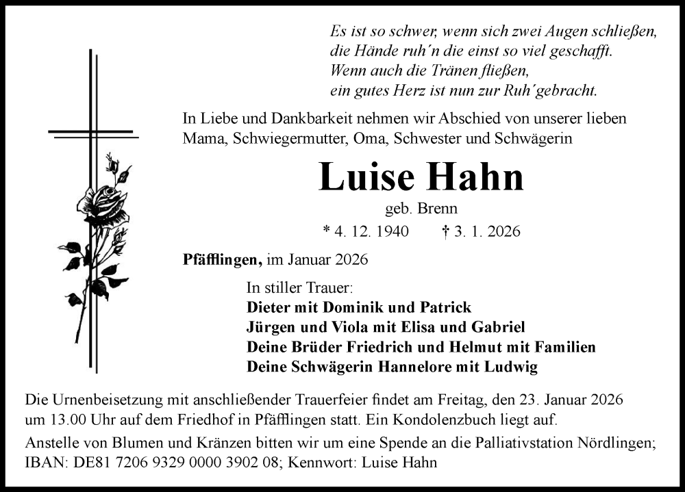  Traueranzeige für Luise Hahn vom 21.01.2026 aus Rieser Nachrichten