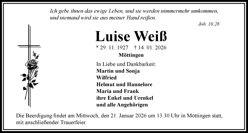  Traueranzeige für Luise Weiß vom 17.01.2026 aus Rieser Nachrichten