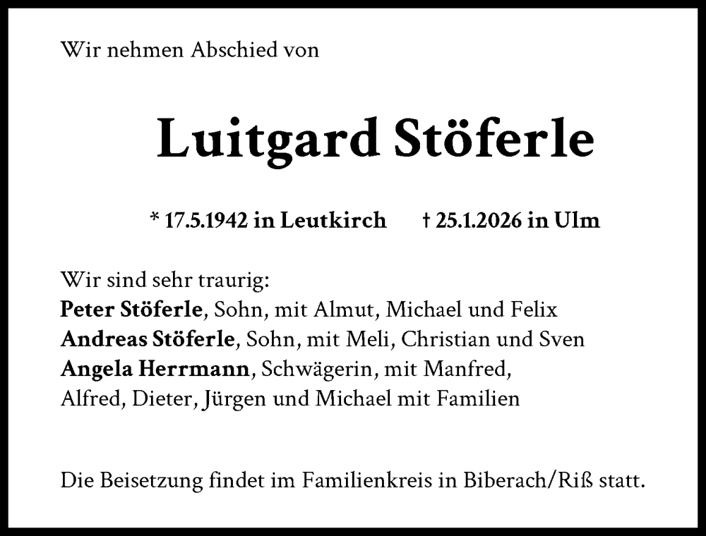  Traueranzeige für Luitgard Stöferle vom 31.01.2026 aus Augsburger Allgemeine, Neu-Ulmer Zeitung