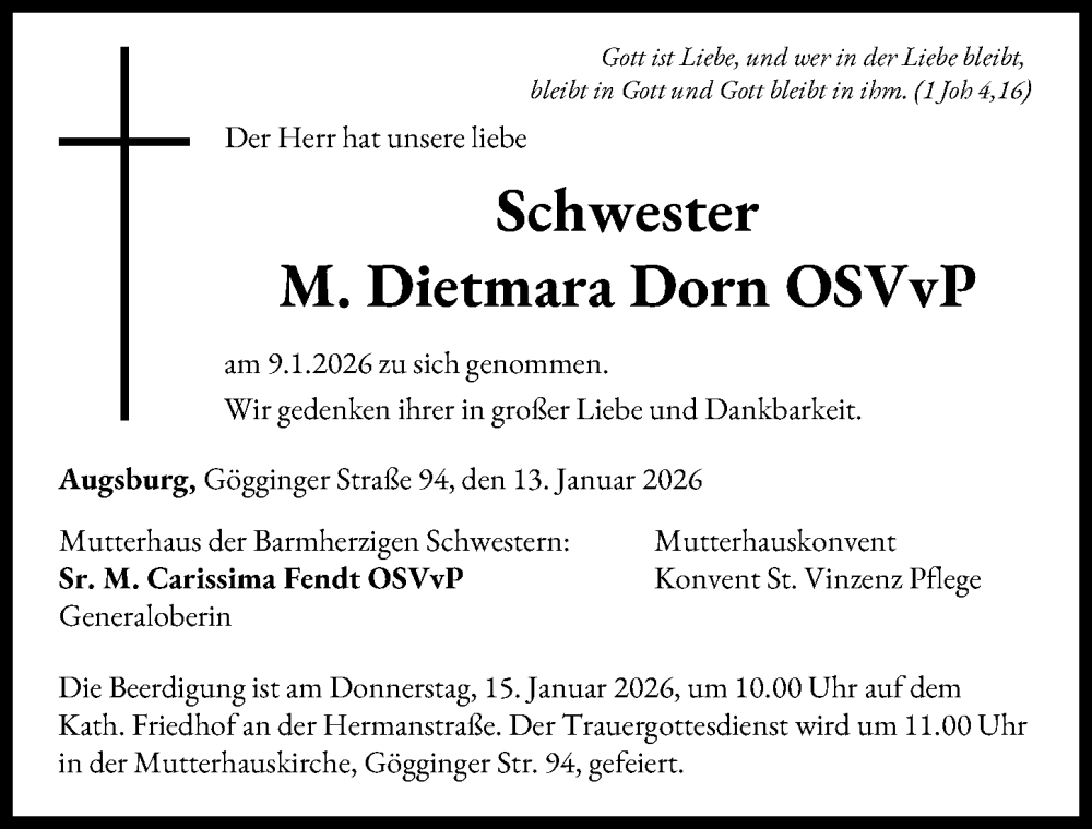  Traueranzeige für M. Dietmara Dorn vom 13.01.2026 aus Augsburger Allgemeine