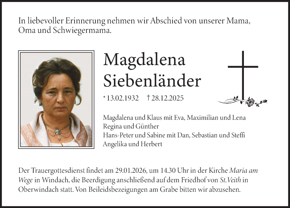  Traueranzeige für Magdalena Siebenländer vom 27.01.2026 aus Landsberger Tagblatt