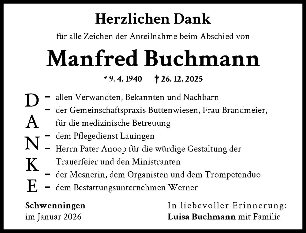  Traueranzeige für Manfred Buchmann vom 17.01.2026 aus Donau Zeitung