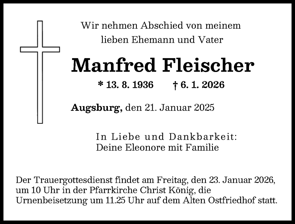  Traueranzeige für Manfred Fleischer vom 21.01.2026 aus Augsburger Allgemeine
