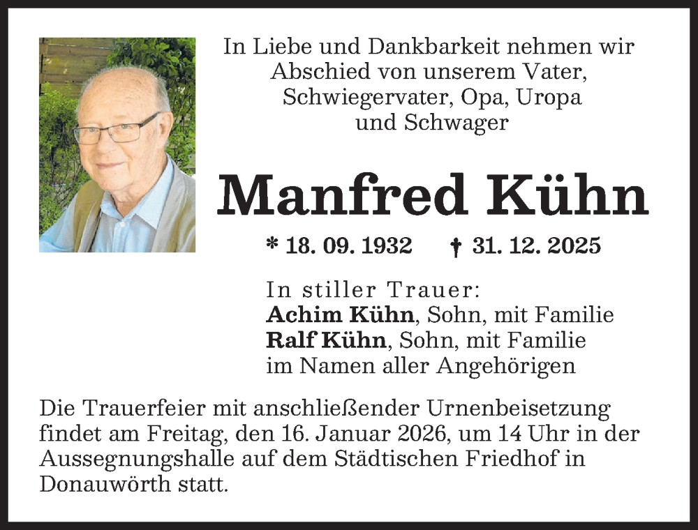 Traueranzeige von Manfred Kühn von Donauwörther Zeitung