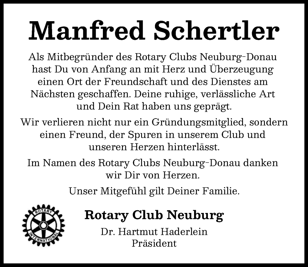  Traueranzeige für Manfred Schertler vom 31.01.2026 aus Neuburger Rundschau