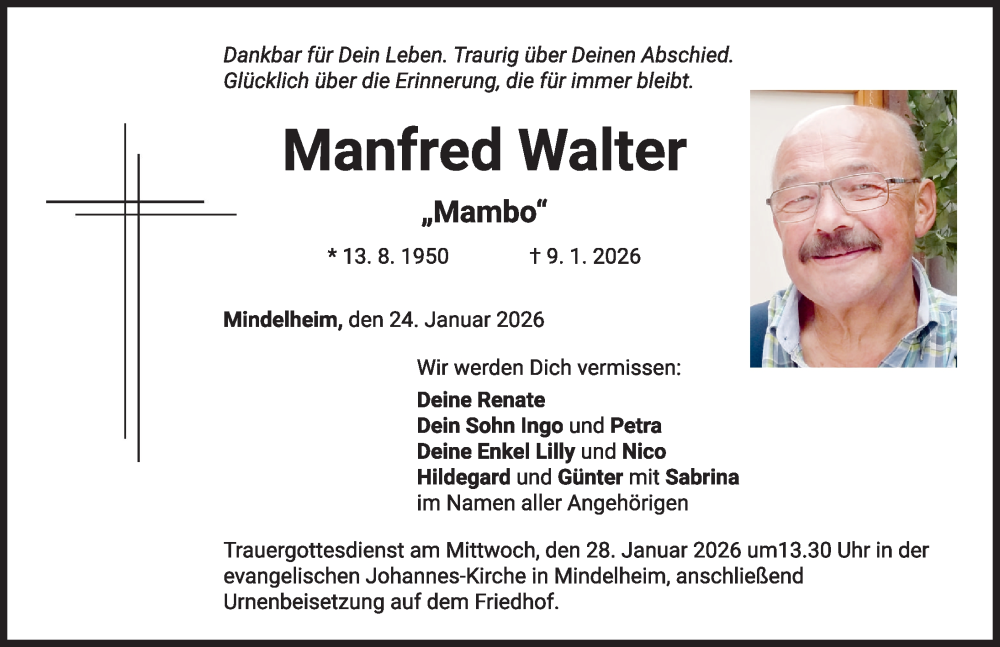  Traueranzeige für Manfred Walter vom 24.01.2026 aus Mindelheimer Zeitung