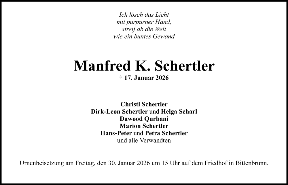 Traueranzeige von Manfred K. Schertler von Neuburger Rundschau