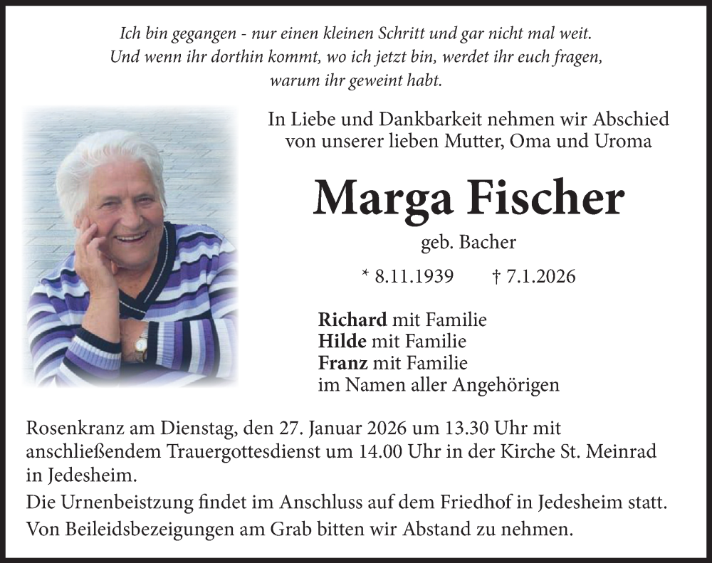  Traueranzeige für Marga Fischer vom 22.01.2026 aus Illertisser Zeitung