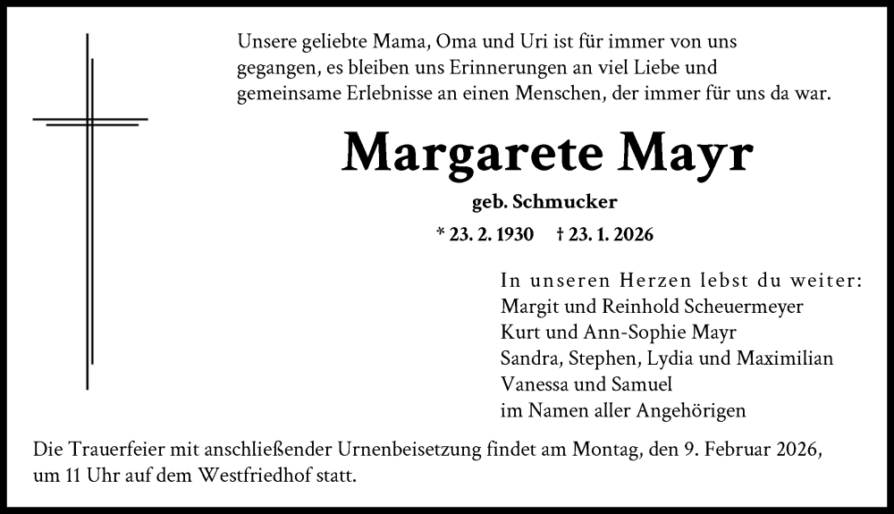  Traueranzeige für Margarete Mayr vom 31.01.2026 aus Augsburger Allgemeine