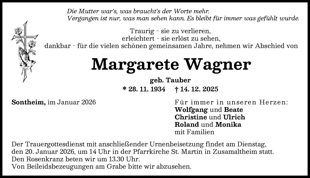  Traueranzeige für Margarete Wagner vom 14.01.2026 aus Wertinger Zeitung