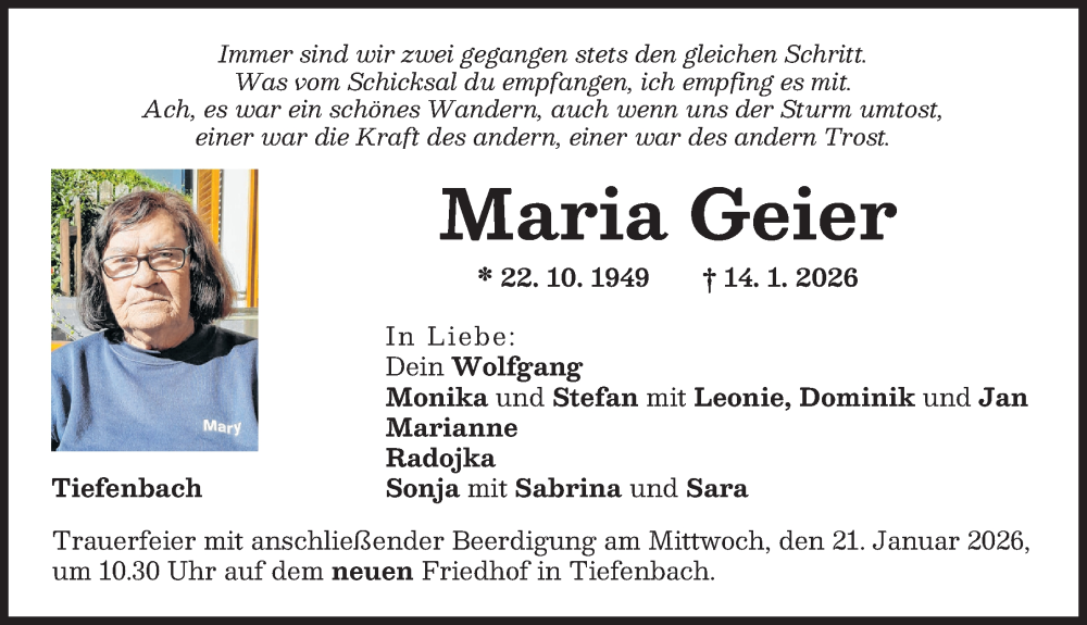  Traueranzeige für Maria Geier vom 19.01.2026 aus Illertisser Zeitung