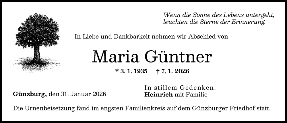  Traueranzeige für Maria Güntner vom 31.01.2026 aus Günzburger Zeitung