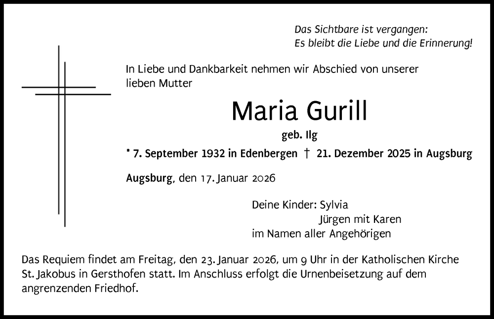  Traueranzeige für Maria Gurill vom 17.01.2026 aus Augsburger Allgemeine