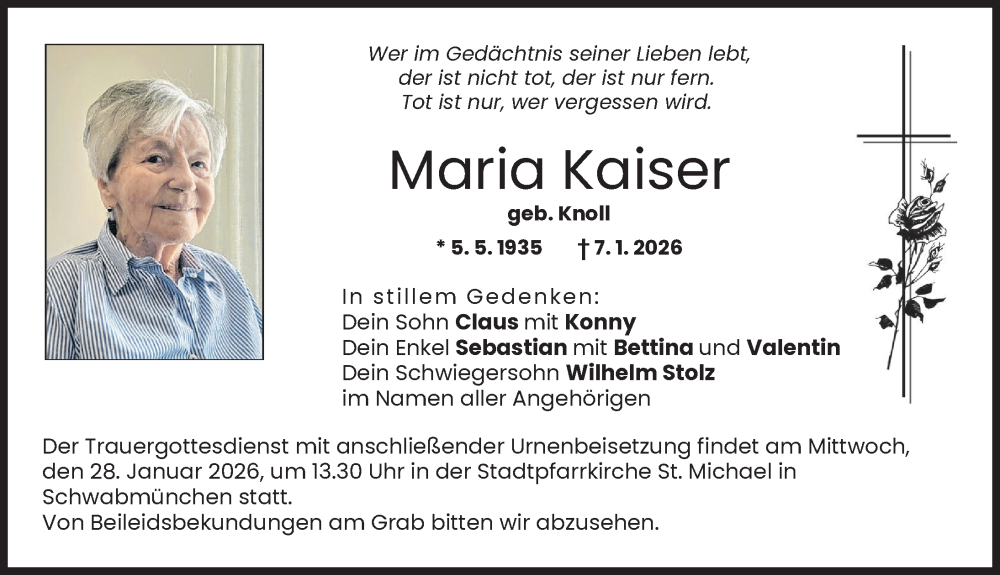  Traueranzeige für Maria Kaiser vom 24.01.2026 aus Schwabmünchner Allgemeine
