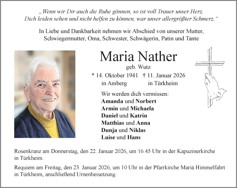  Traueranzeige für Maria Nather vom 17.01.2026 aus Mindelheimer Zeitung
