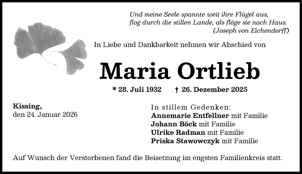  Traueranzeige für Maria Ortlieb vom 24.01.2026 aus Friedberger Allgemeine