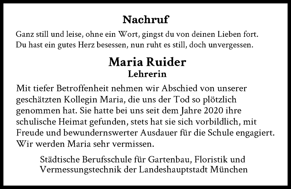 Traueranzeige für Maria Ruider vom 07.01.2026 aus Schwabmünchner Allgemeine