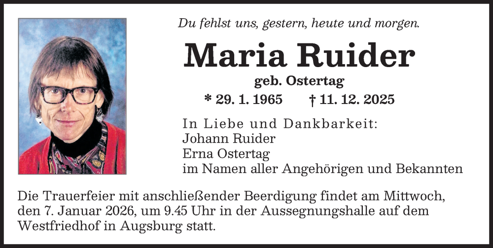 Traueranzeige für Maria Ruider vom 03.01.2026 aus Augsburger Allgemeine, Schwabmünchner Allgemeine