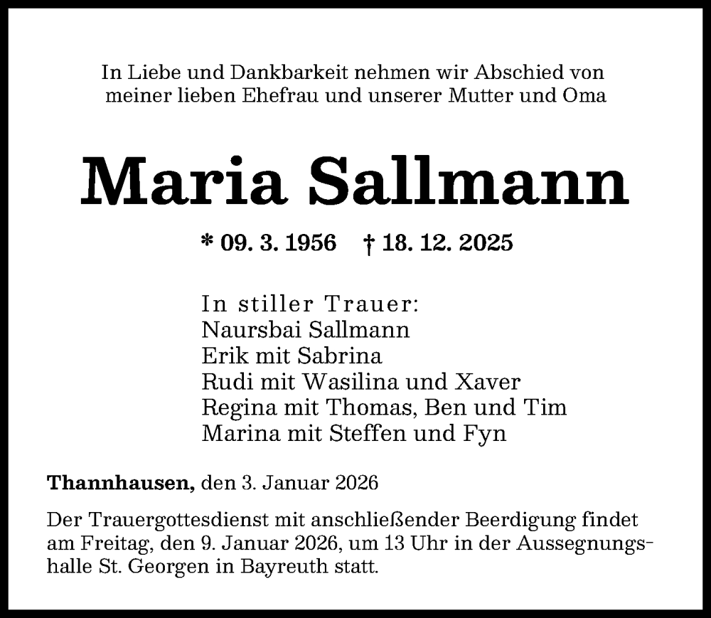 Traueranzeige von Maria Sallmann von Mittelschwäbische Nachrichten