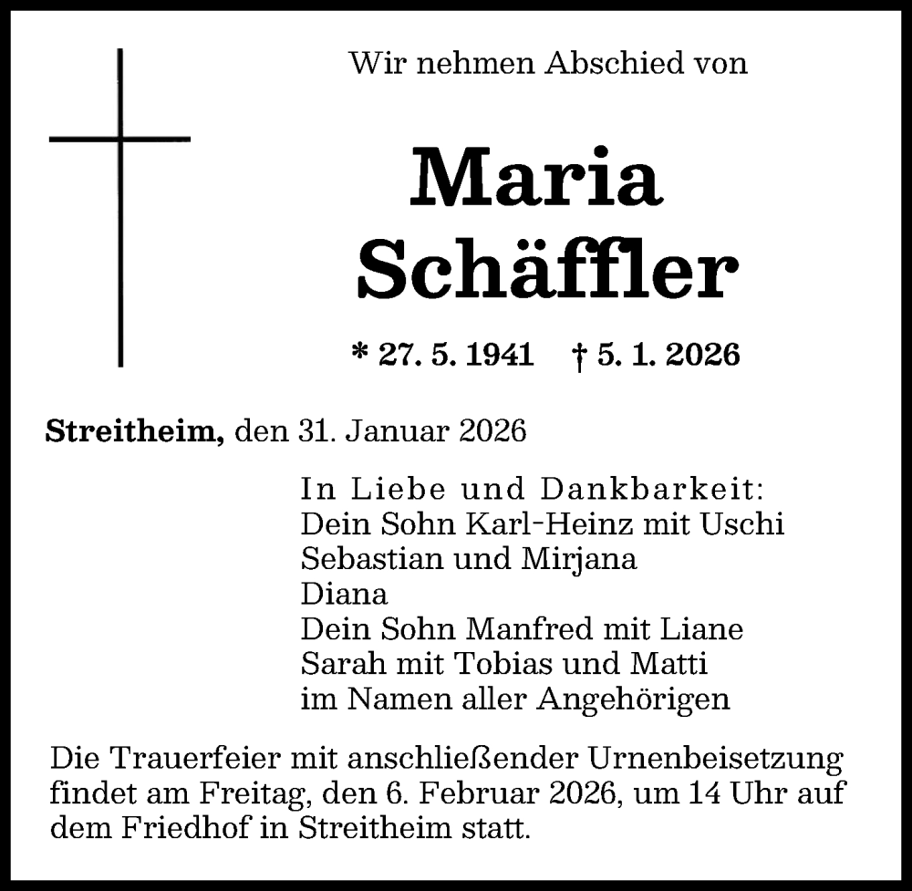  Traueranzeige für Maria Schäffler vom 31.01.2026 aus Augsburger Allgemeine