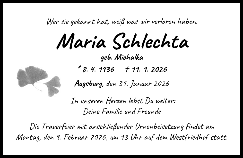  Traueranzeige für Maria Schlechta vom 31.01.2026 aus Augsburger Allgemeine