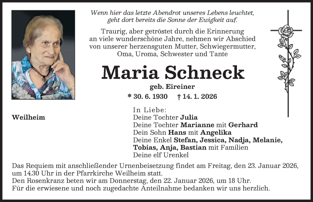 Traueranzeige für Maria Schneck vom 21.01.2026 aus Donauwörther Zeitung