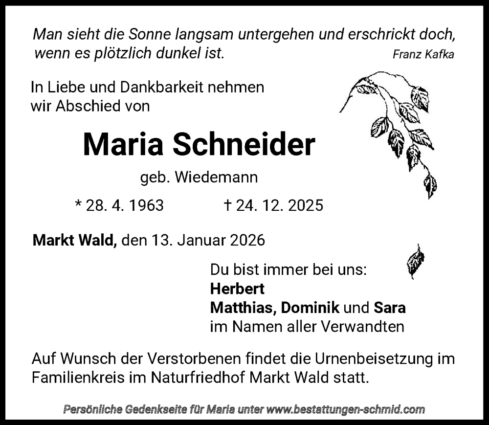  Traueranzeige für Maria Schneider vom 13.01.2026 aus Mindelheimer Zeitung