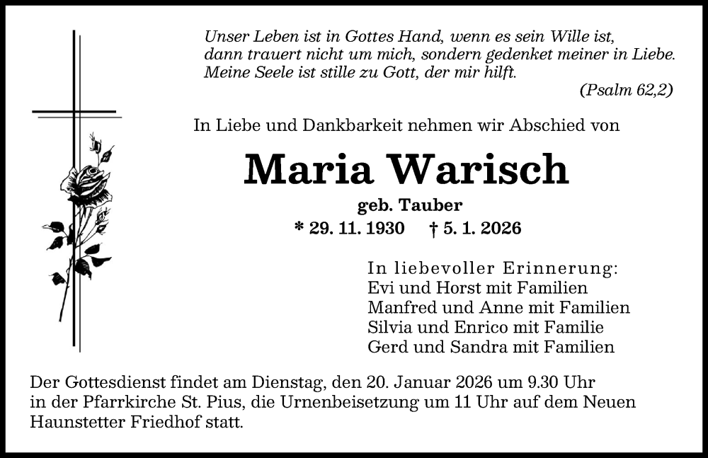  Traueranzeige für Maria Warisch vom 17.01.2026 aus Augsburger Allgemeine