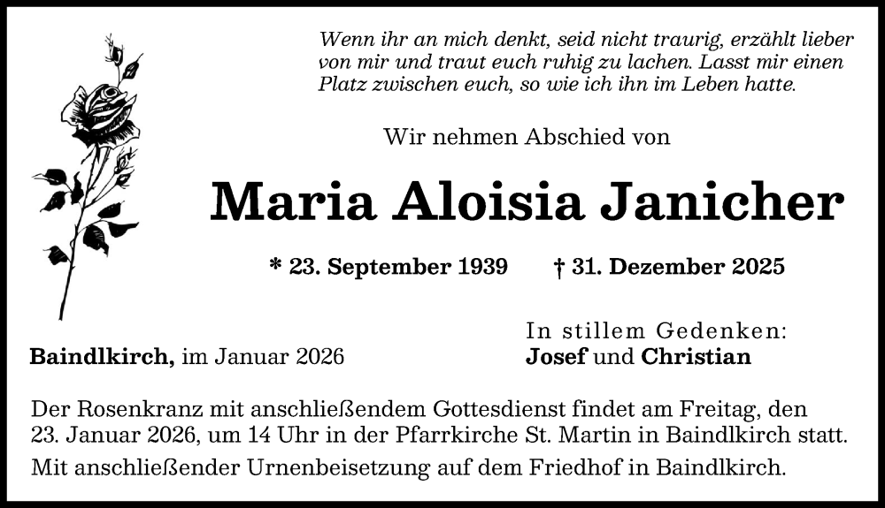 Traueranzeige für Maria Aloisia Janicher vom 17.01.2026 aus Friedberger Allgemeine
