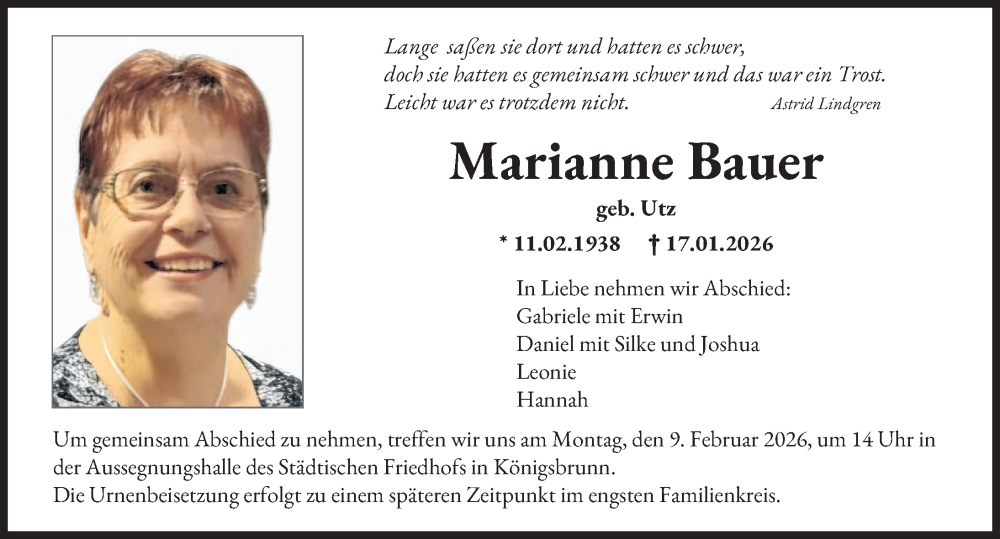  Traueranzeige für Marianne Bauer vom 31.01.2026 aus Augsburger Allgemeine