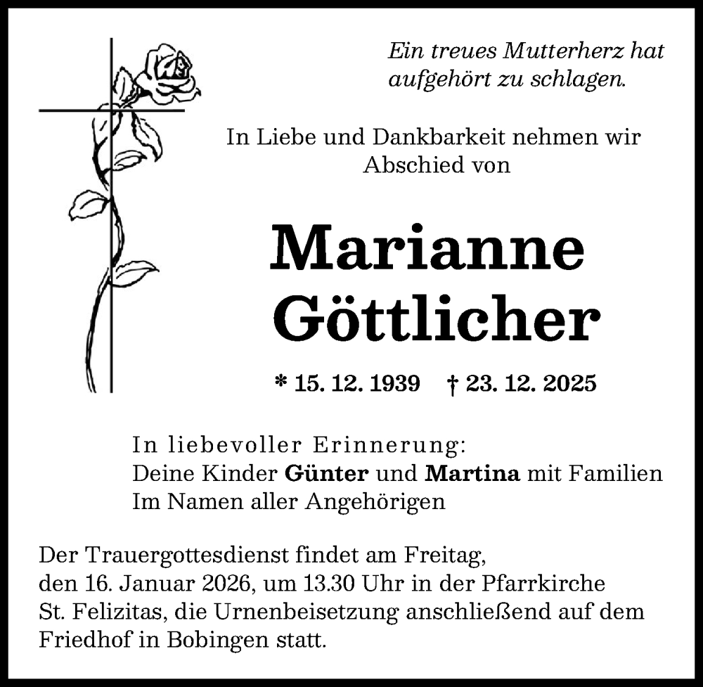 Traueranzeige von Marianne Göttlicher von Schwabmünchner Allgemeine