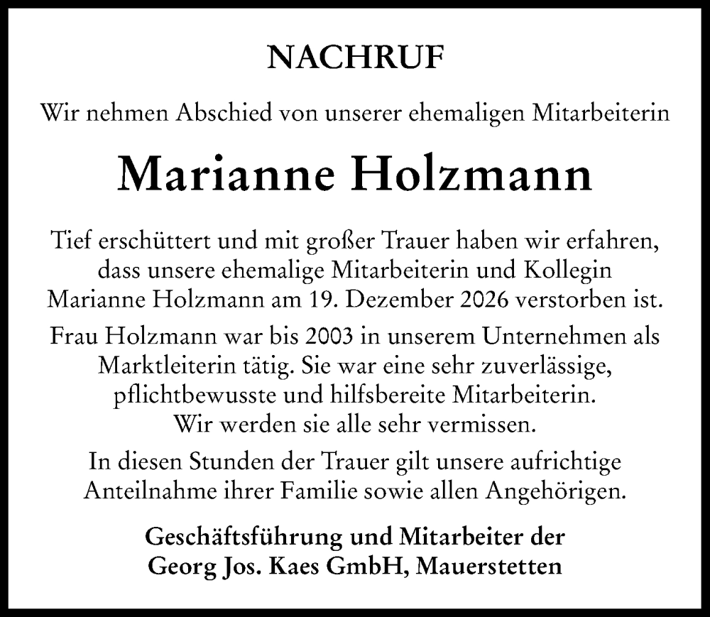  Traueranzeige für Marianne Holzmann vom 21.01.2026 aus Mindelheimer Zeitung
