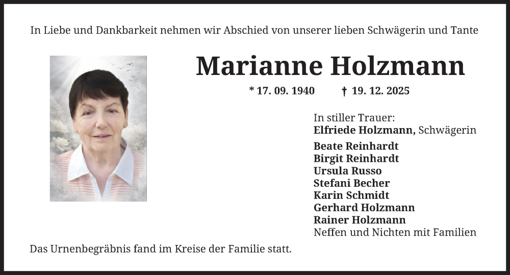  Traueranzeige für Marianne Holzmann vom 17.01.2026 aus Mindelheimer Zeitung
